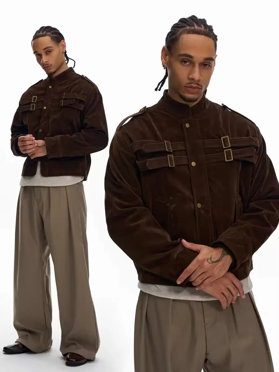 

Autumn and winter new British high-end slim fit fashionable stand up collar leather jacket for men, Japanese retro leather multi