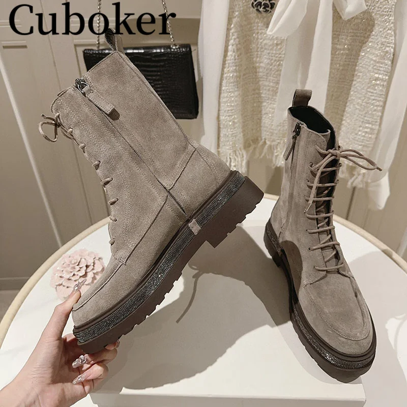 High Quality Women Suede Leather Boots Lace up Thick Sole Round toe Female Zip Ladies Motorcycle Short Boots Winter Women mujer