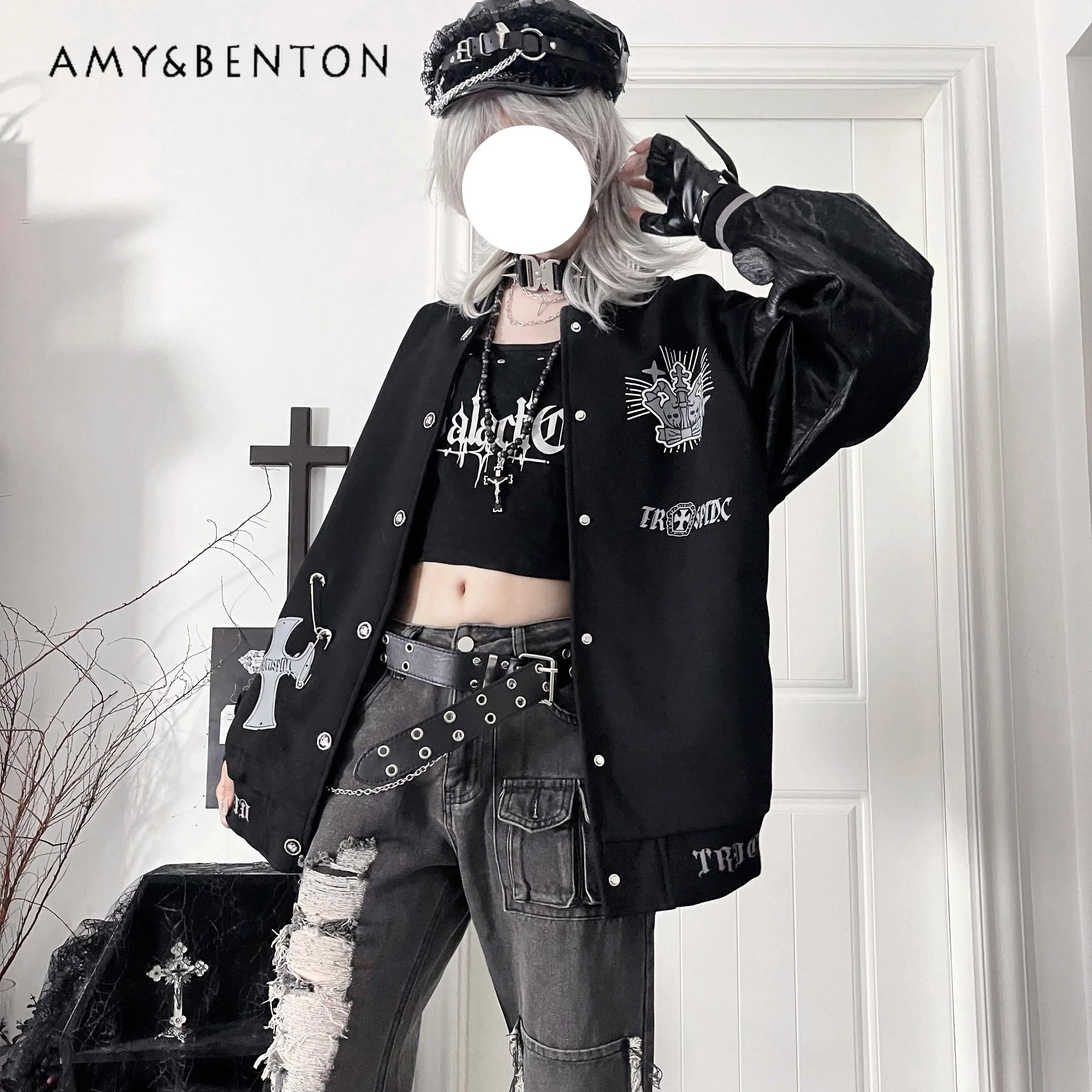 Original American Vintage Embroidered Jacket High Street Letter Cartoon Print Long Sleeve Baseball Jacket Autumn New Goth Coat