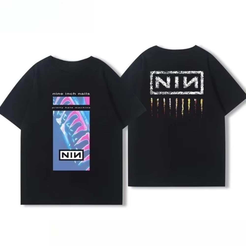 Casaco de algodão de verão masculino e feminino americano nove Polegada unhas nove Polegada em torno da banda de rock manga curta impressa camiseta