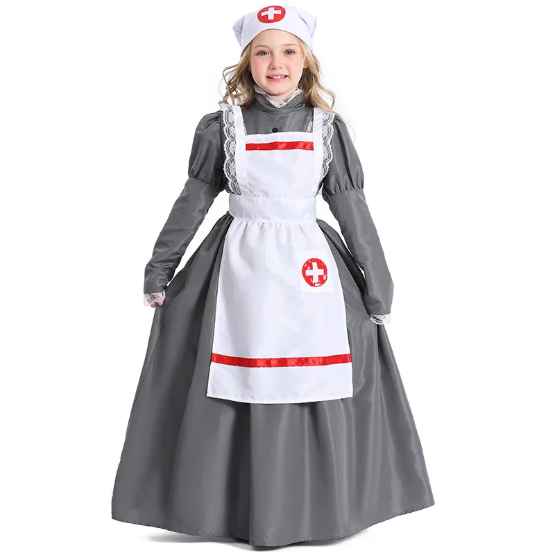 Florence Nightingale Costume Historic Victorian War Nurse Maid Dress Girl Long Dress with Apron Halloween Cosplay Costume view 2