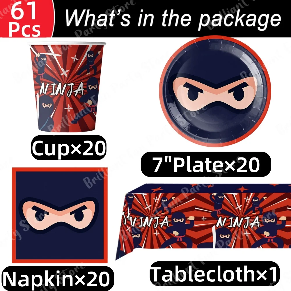 61Pcs Ninja Birthday Party Decoration Set Ninja Warrior Tableware Cup Plate Napkins Tablecloth for Kids Boys Karate Party Favors