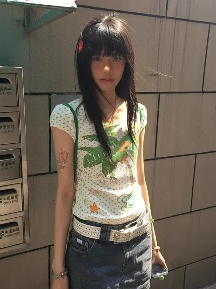 Japanese Y2k Kawaii T-shirt 2000s Aesthetics Coconut Tree Print T Shirt Vintage Harajuku Polka Dots Crop Tops Lolita 90s