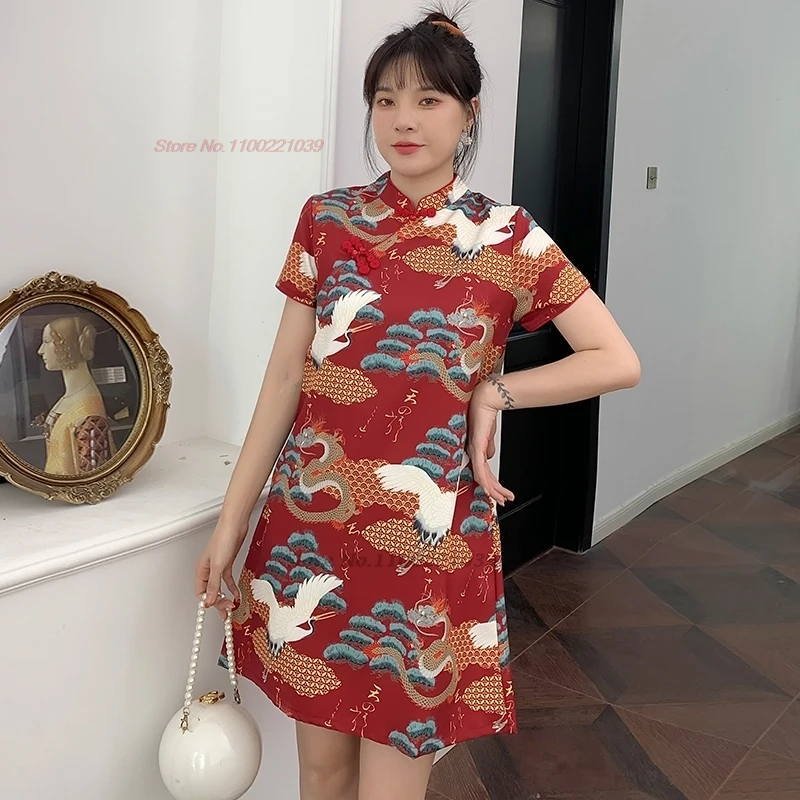 

2024 chinese traditional folk dress a-line qipao national crane print cheongsam sweet dress oriental banquet evening party dress