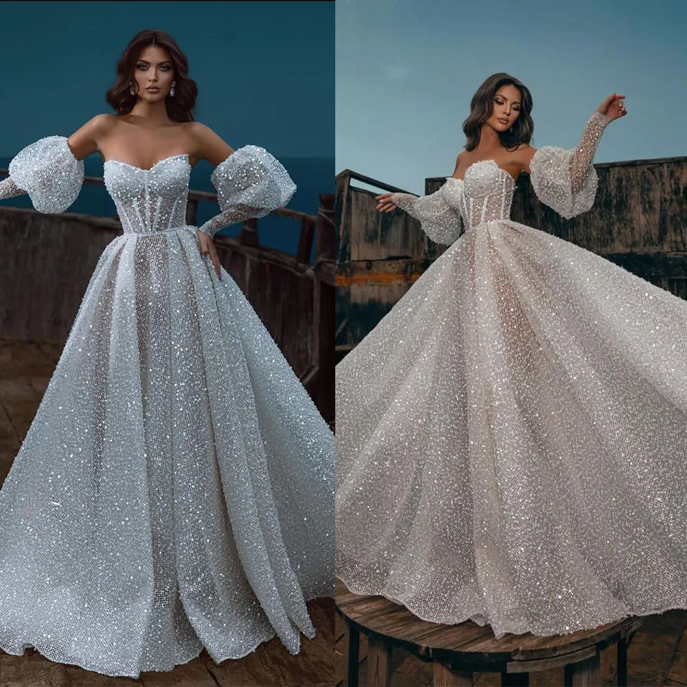 

Graceful A Line Wedding Dresses Puff Sleeves Sweetheart Bridal Gowns Custom Made Sequined Glitter Vestido de novia