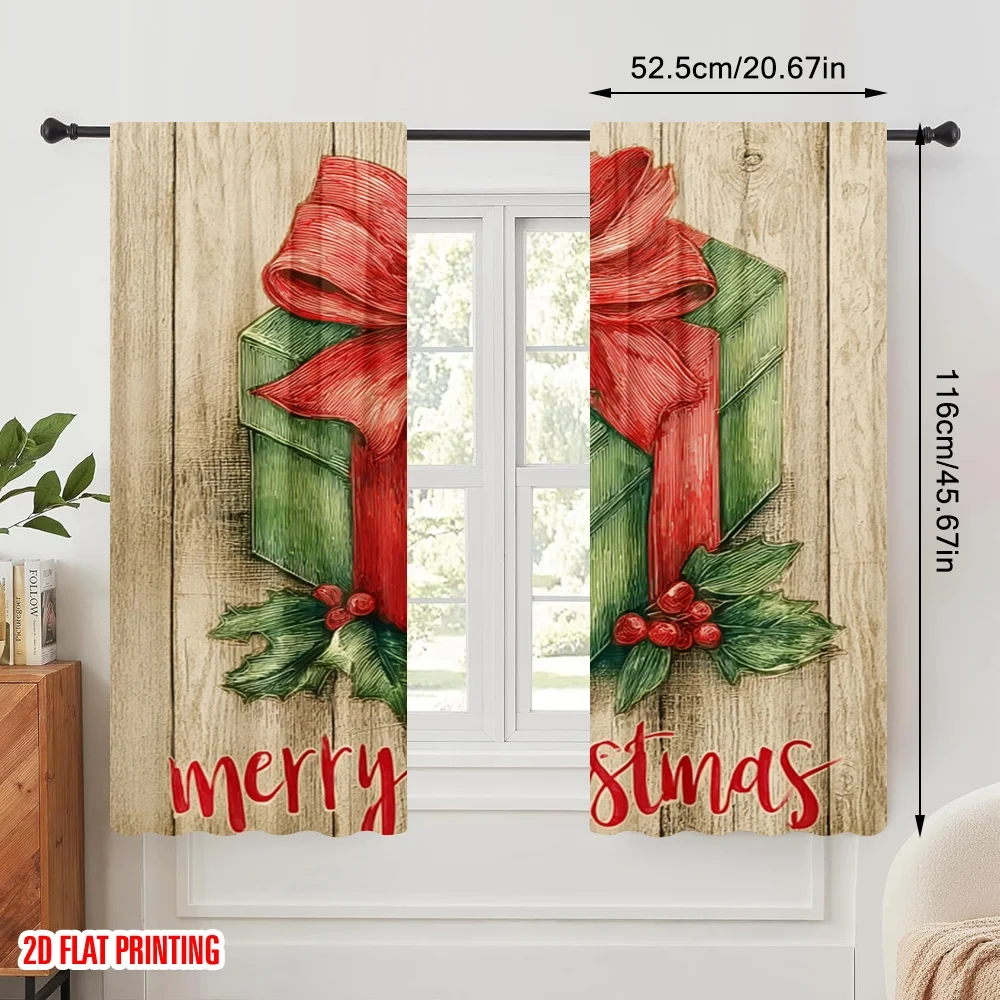 2pcs,2D plane printing Curtains Digital Printed Holly Berries & Gift Box Polyester Fabric (without rod) Festive for Bedroom