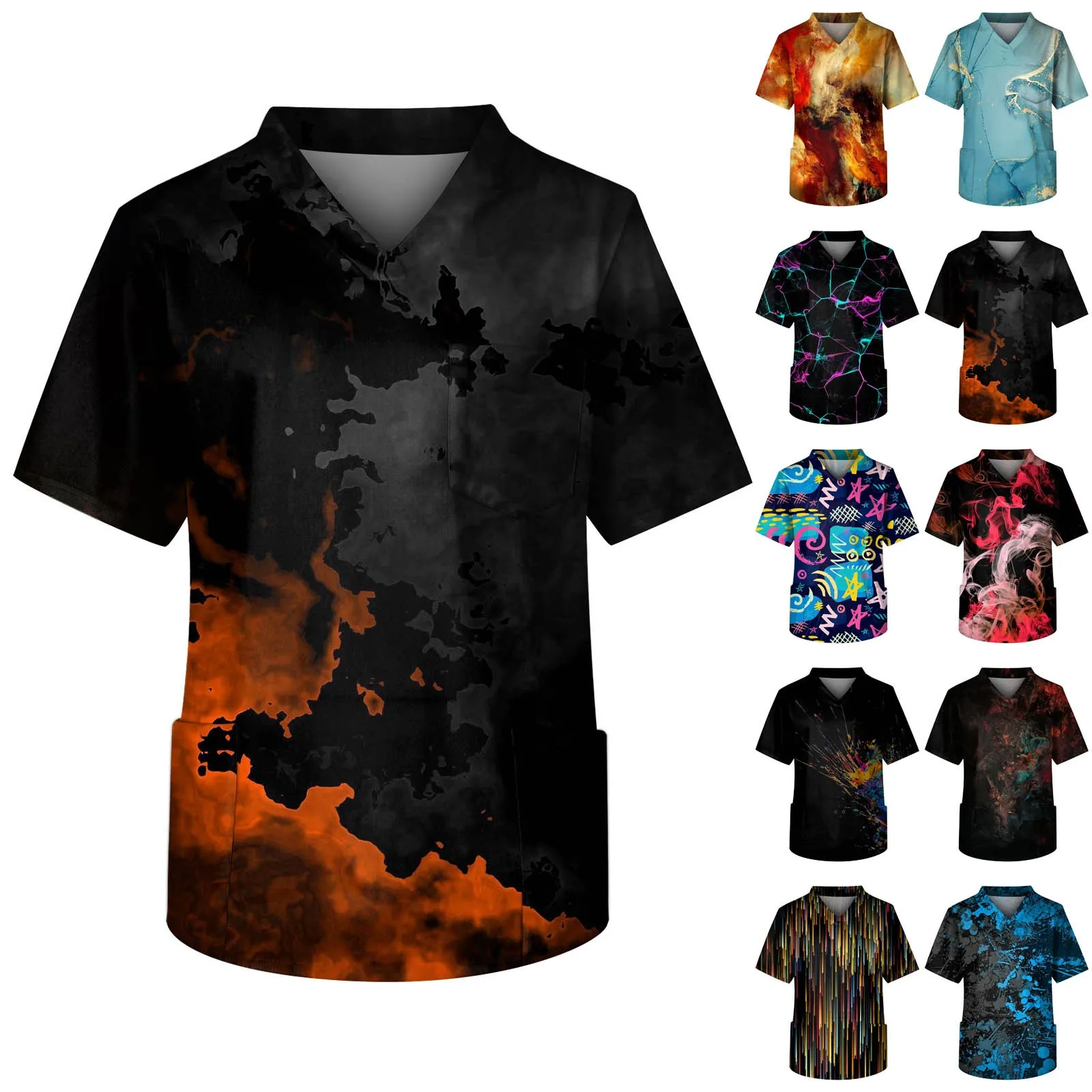 Men'S Scrub Tops Printed Medical Short-Sleeved Flame Men'S T-Shirt Summer Fashion 3d Round Neck Tops Smoke Element Clothing