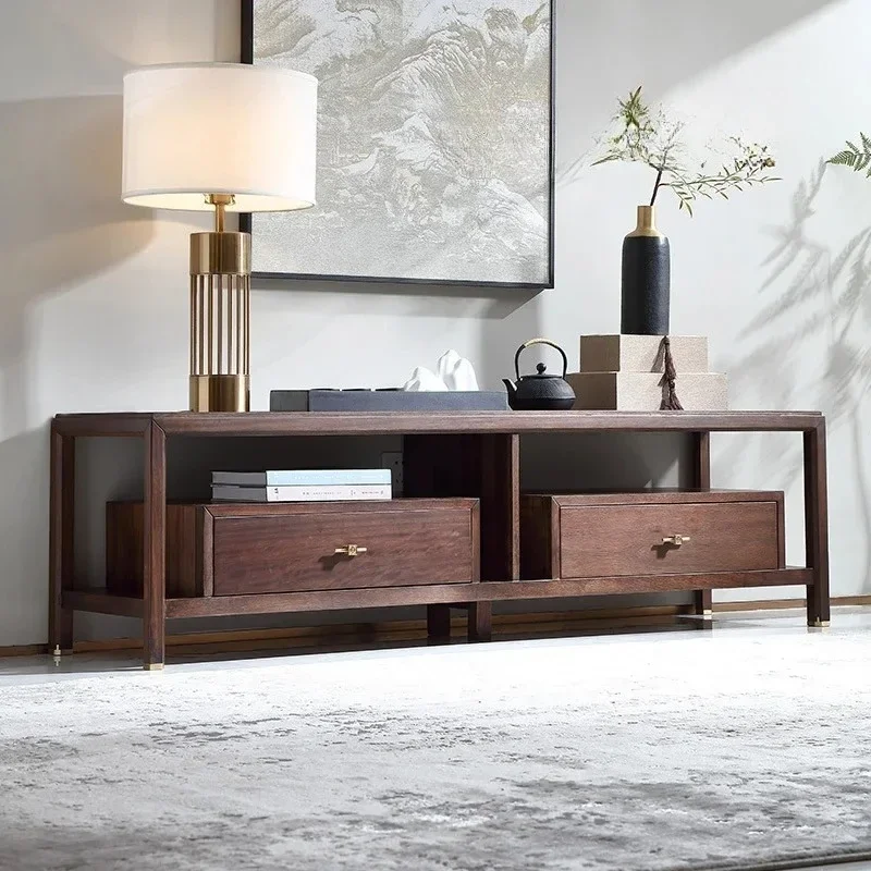 Modern new Chinese-style solid wood TV cabinet villa living room furniture with drawers ebony storage floor cabinet
