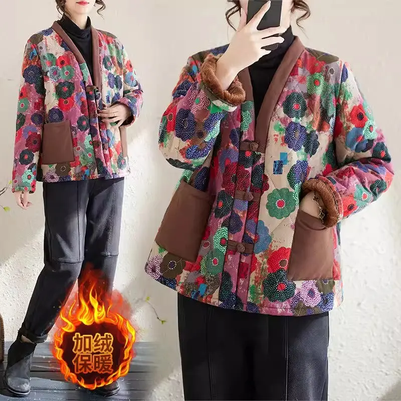 

Chinese Style Ethnic Floral Cotton Jacket 2024 Spring Autumn Winter Retro Vintage Short Plush Coat Women Mujer Chaqueta Z4901