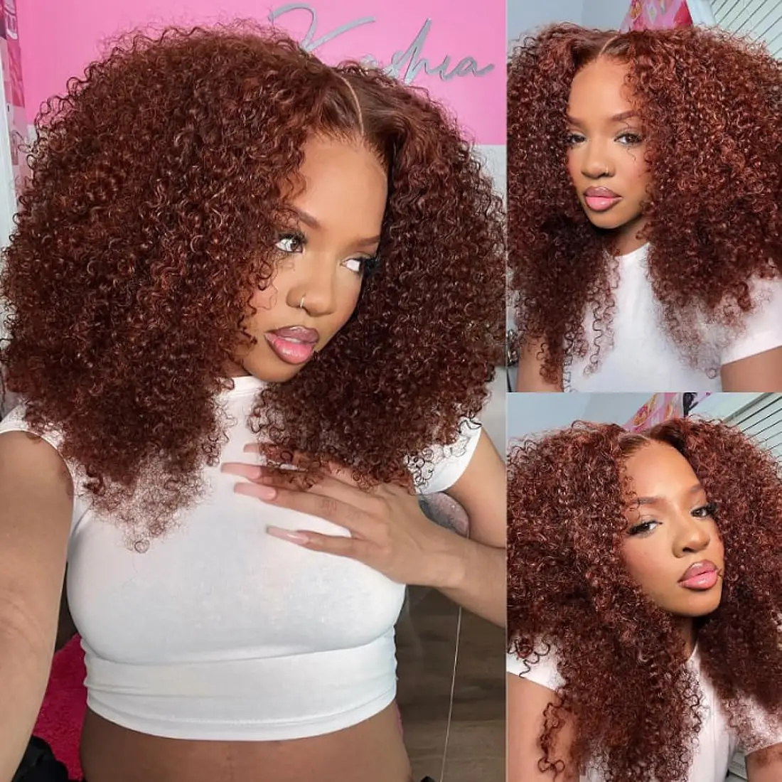 Perruque Deep Wave Lace Front Wig Remy naturelle, cheveux brésiliens bouclés, brun rousse, rouge Cooper, 13x4, pre-plucked, 300%