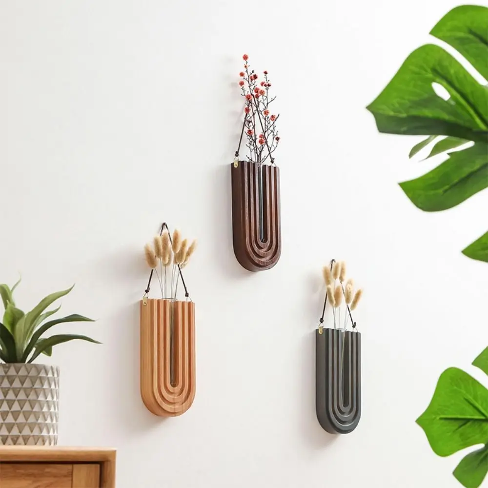 Multi-purpose Stable Wall-mounted Hydroponic Vase Handmade Craft Wood Frame Vase Durable Plant Holder Pendant Home Decor