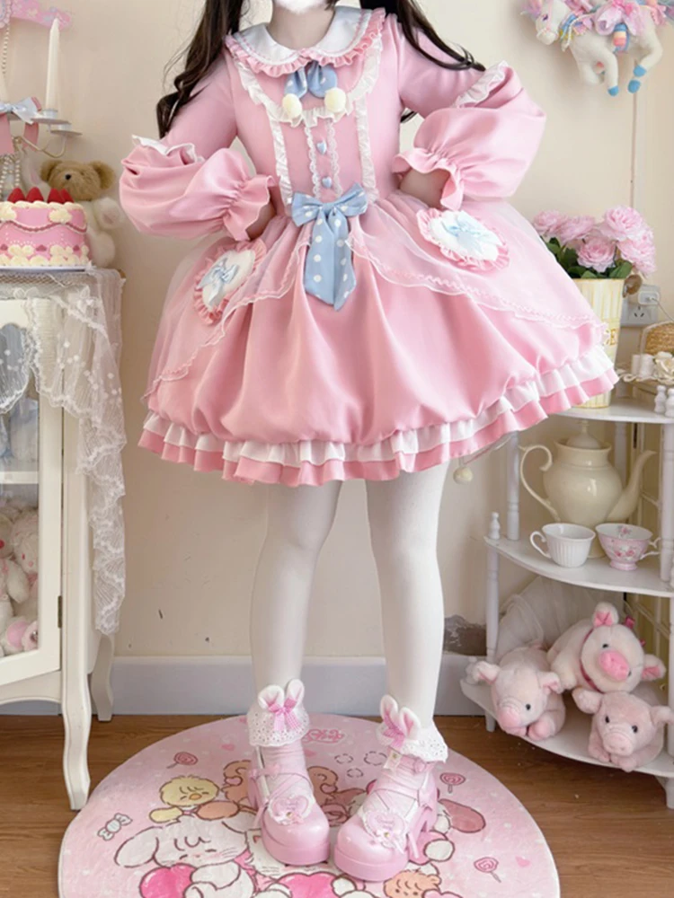 

KIMOKOKM Kawaii Lolita Ruffles Full Sleeve Dress Sweetheart Peter Pan Collar Cosplay Princess Bow Vitality Girly Loli Mini Dress