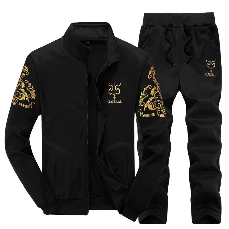 Men's 2 Piece Tracksuit Golden Pattern Print Stand Collar Zipper Jacket Drawstring Sweatpants Casual Sportswear Male Jogger Set