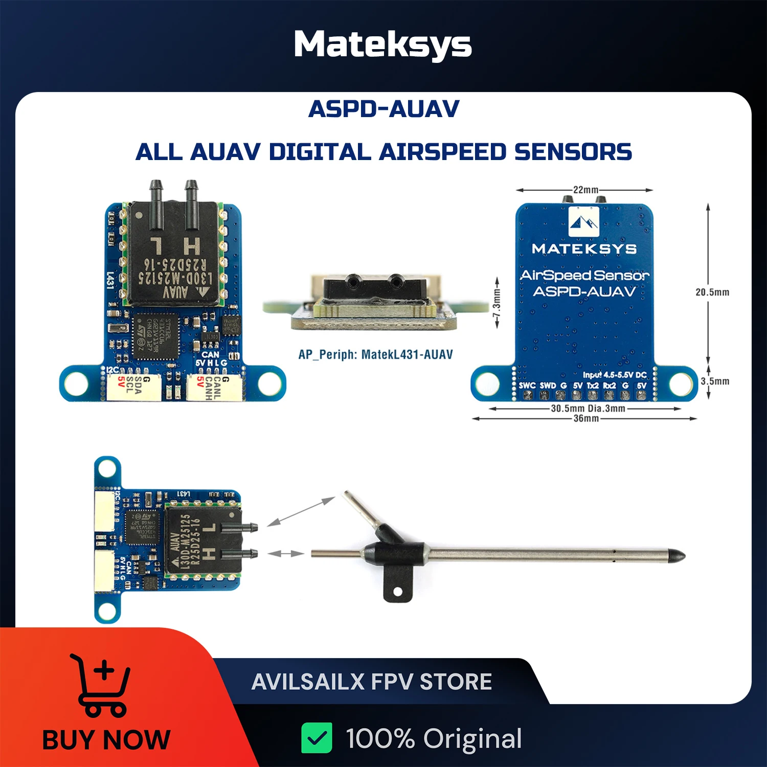 

MATEK Mateksys ASPD-AUAV Digital Flight Speed Sensor for RC FPV Racing Freestyle Airplane Drone Compatible H743 Wing Fix-Wing