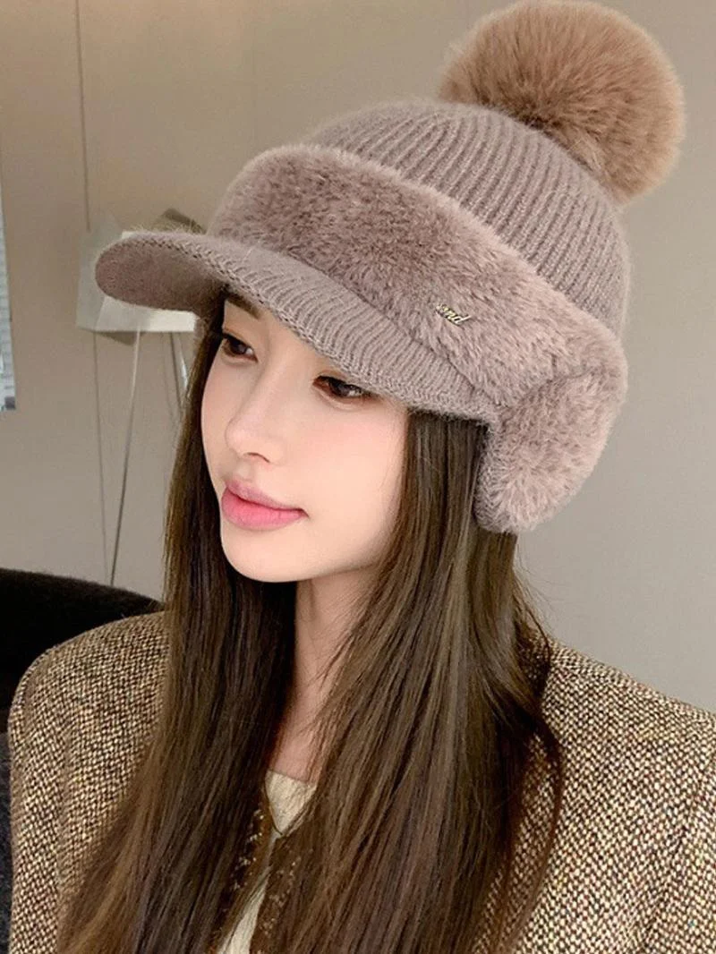 Winter New Patchwork Mink Cashmere Earmuff Rabbit fur Baseball Cap Women's South korea Fashion Solid Simple Fur Ball Knitted Hat