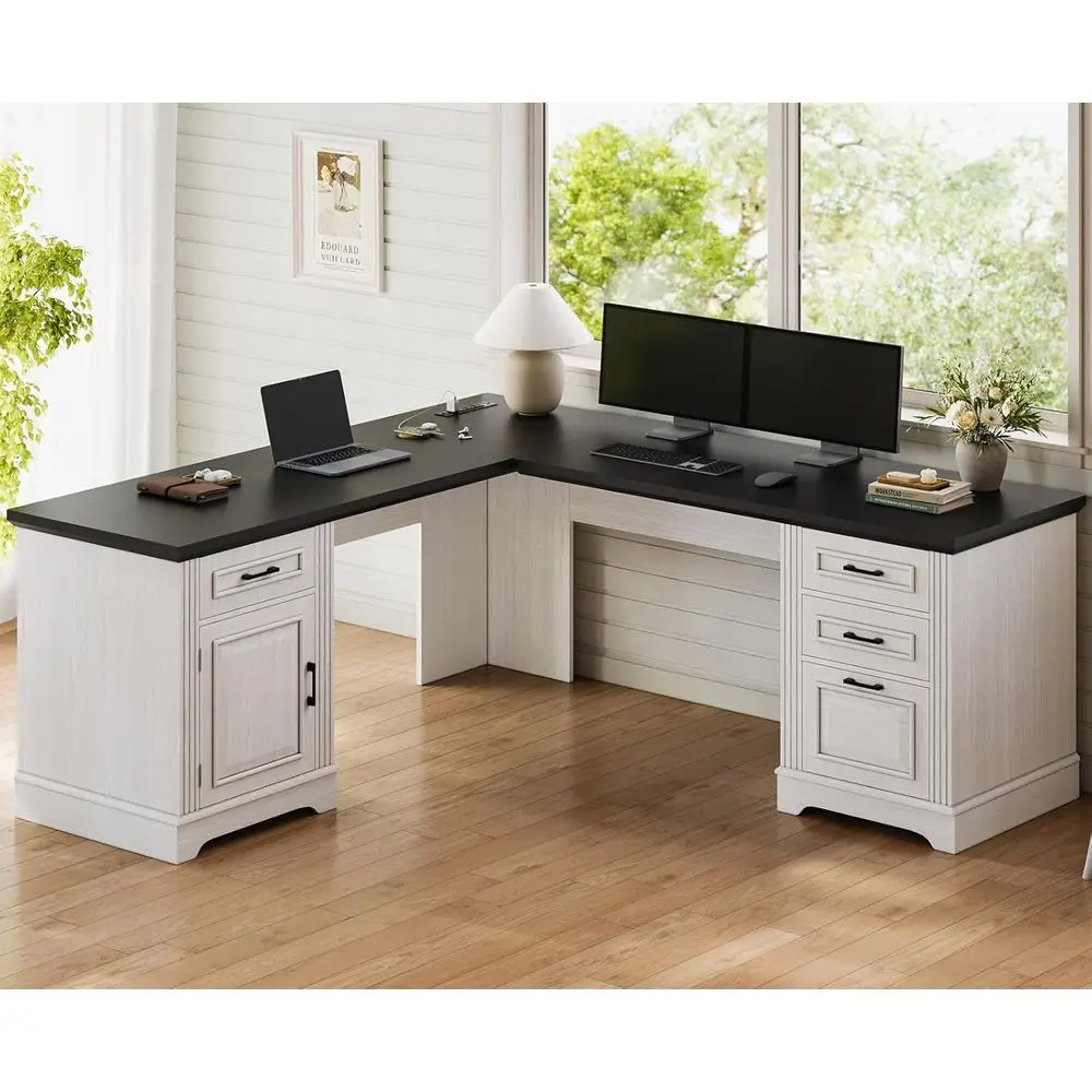 

L-Shaped Home Office Desk with Drawer, Power Outlet, Storage Cabinet, White