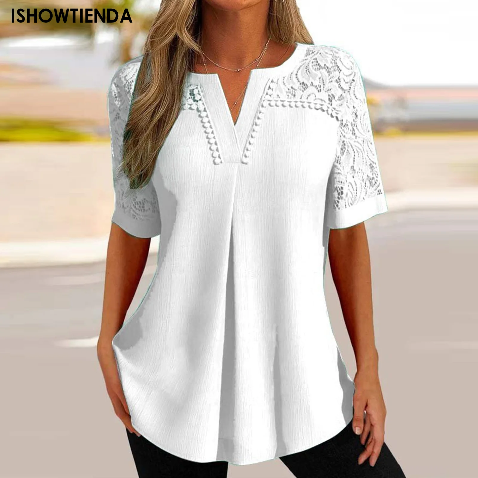 2023 New Fashion Women T-Shirt V Neck Sexy Short Sleeve Lace Patchwork Solid Color T Shirt Women Summer Loose Tee Tops