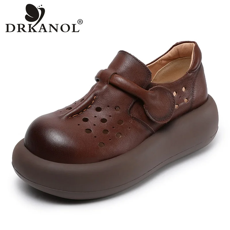 DRKANOL Handmade Retro Style Genuine Leather Wedges Heel Shoes Women Summer Hollow Out Breathable Chunky Platform Casual Loafers