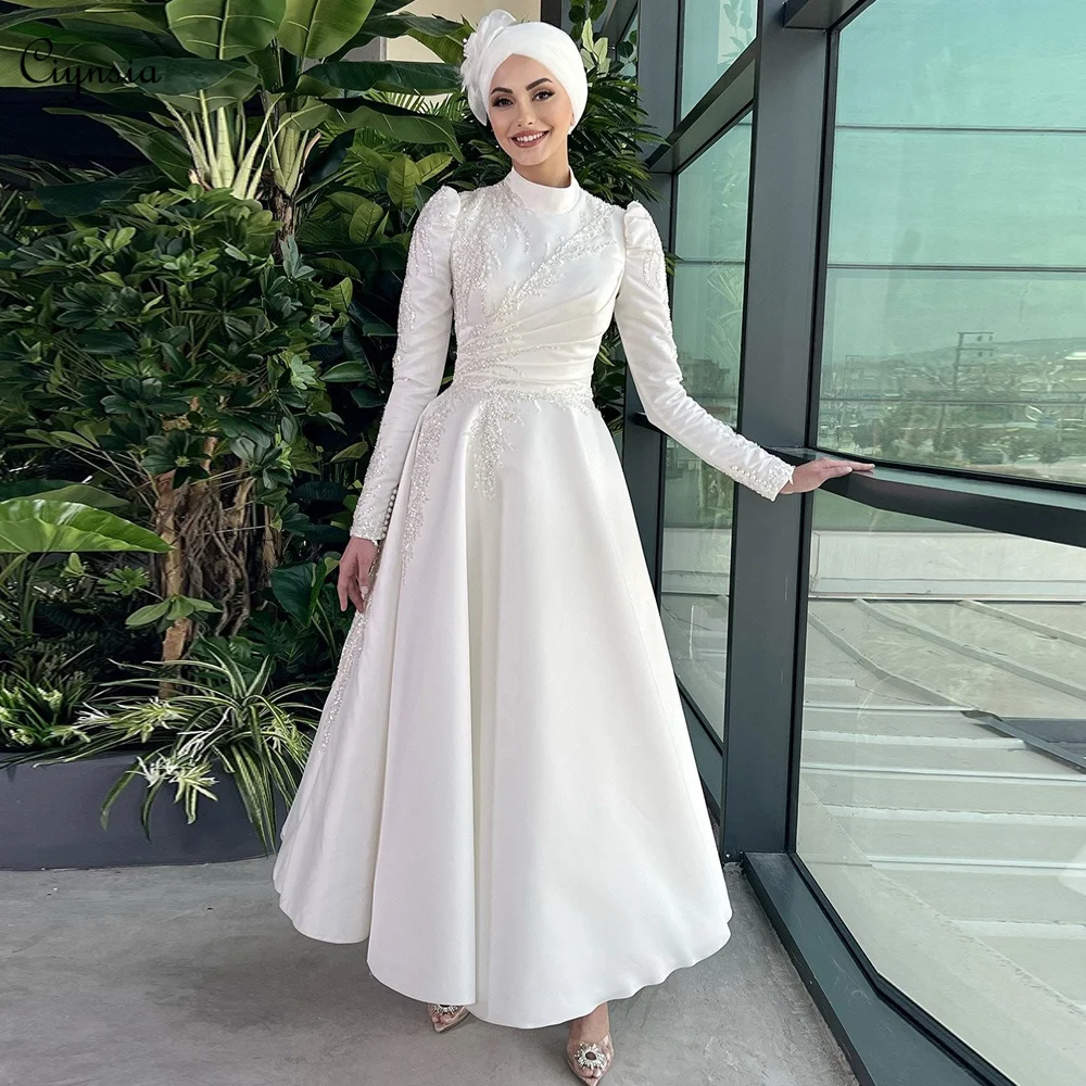 

Ciynsia Elegant Hijab Muslim Wedding Dresses Satin Beaded High Neck Dubai Bridal Gown A Line Long Sleeve Vestidos De Novia Short