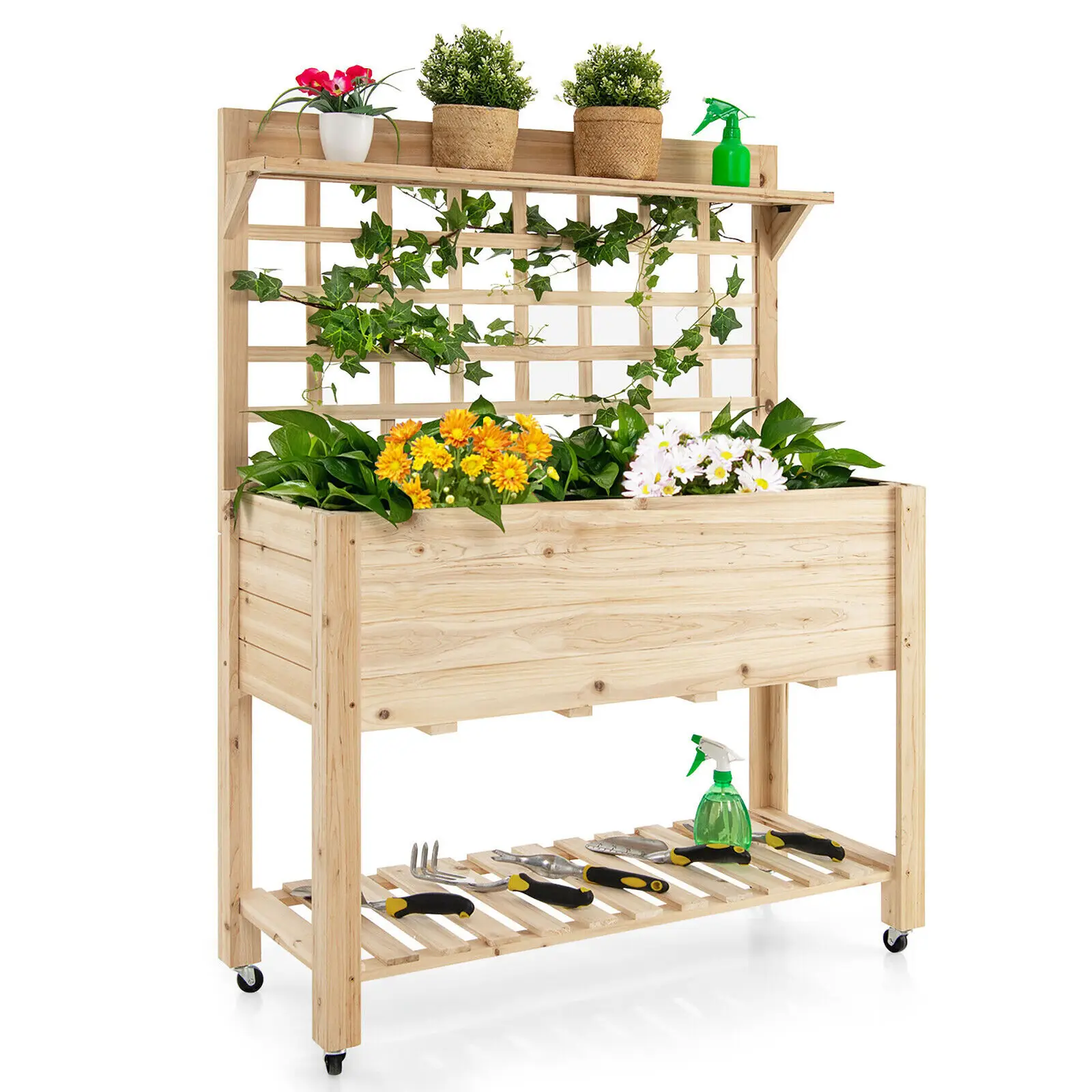 Raised Garden Bed Mobile Elevated Wooden Planter Box w/ Wheels Trellis Shelf