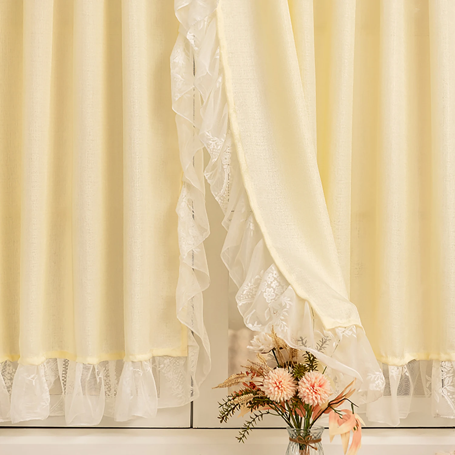 2 Pieces Cherry Design Ruffle Short Curtain Set, Kitchen Small Window Faux Linen Breathable Light Filtering Drapery Half Curtain