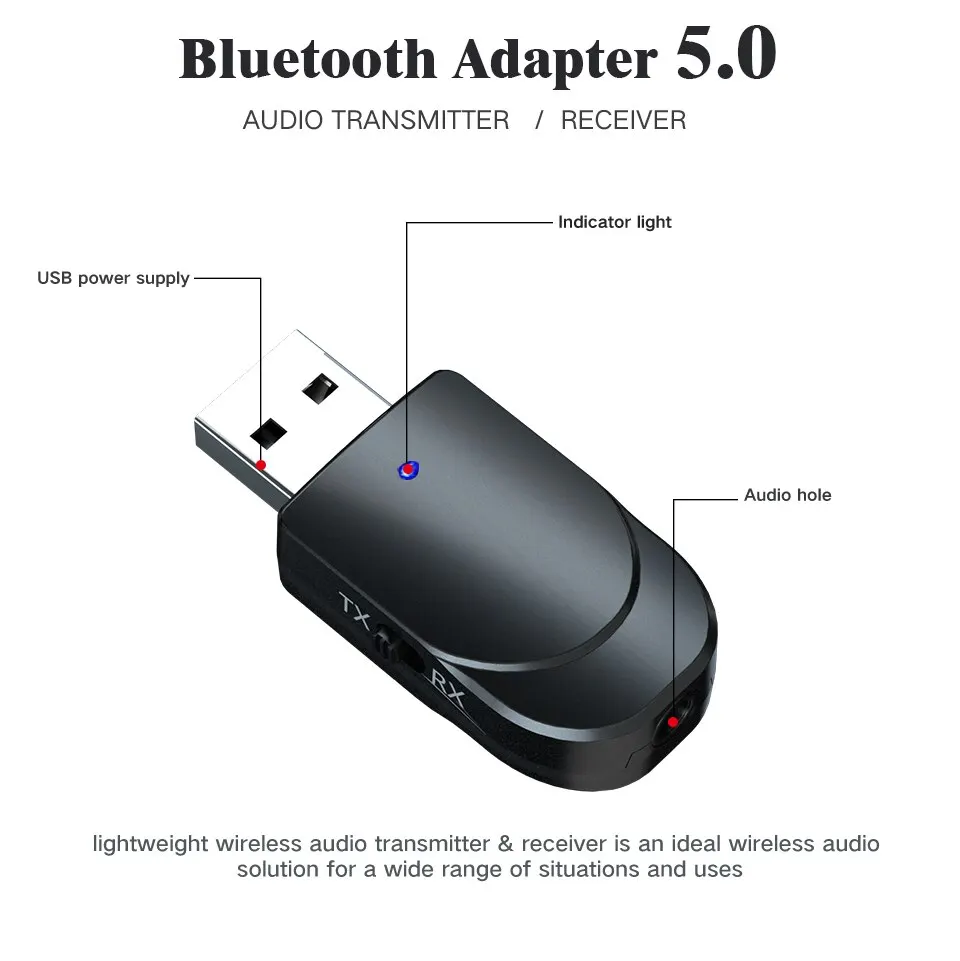 Bluetooth 5.0 Receiver Transmitter 2 In 1 3.5mm Jack RCA AUX USB Stereo Audio Wireless Adapter For Car Speaker TV PC Headphones