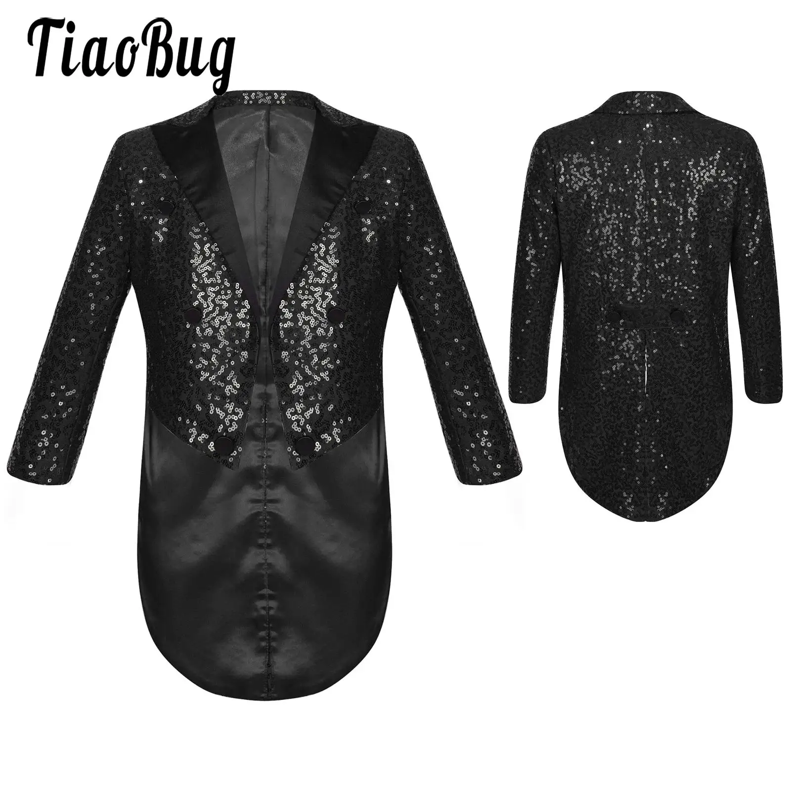 Kids Boys Sequin Tailcoat Jacket Classic Fit Tuxedo with Tails Shiny Blazer Top Coat for Party Wedding Magic Performance Costume