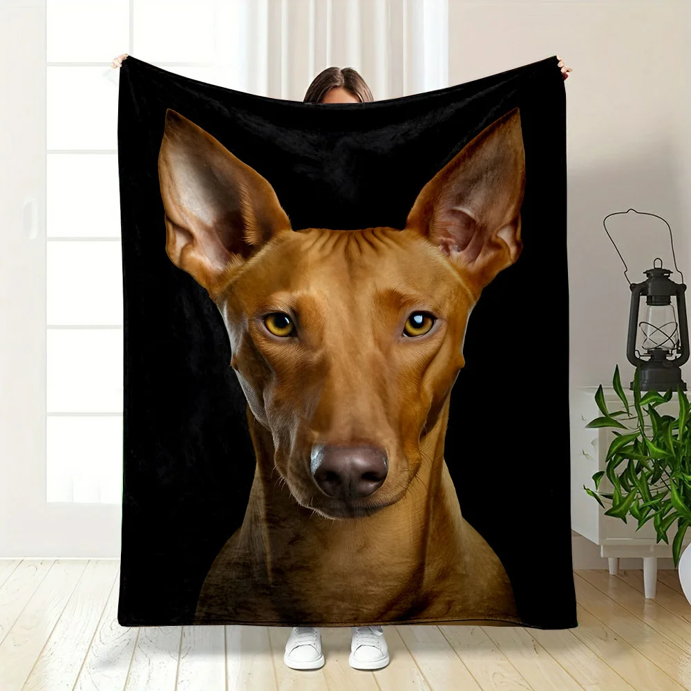 Reversible Flannel Fleece Blanket with Digital Print of Pharaoh King of Dogs - Light Brown with Yellow Eyes and Black Ears, Soft