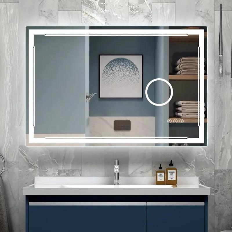 

48''x30''LED Bathroom Mirror with Built-in Bluetooth Speaker and 3X Magnifier - Smart Lighted Vanity Makeup Wall Mounted Mirrors