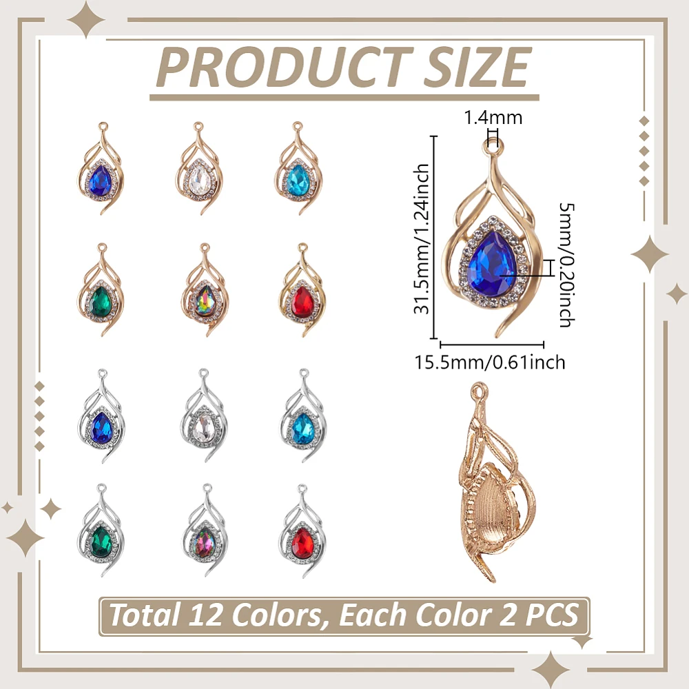 

24Pcs 12 Colors Alloy Glass Pendants Teardrop Charm with Rhinestone Faceted Mixed Color 31.5x15.5x5mm Hole: 1.4mm 2pcs/color