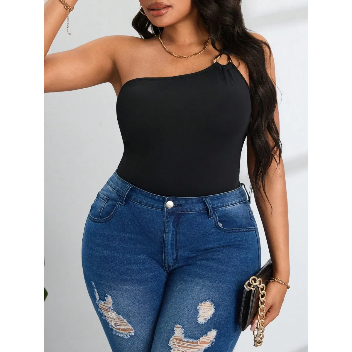 Kombinezon damski plus size, seksowny, z jednym ramieniem, złotym pierścieniem, jednolity kolor, spodnie modelujące talię, wyszczuplający, jednoczęściowy.