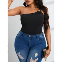 Plus-Size Women's Jumpsuit Sexy One-Shoulder Gold Ring Detail Solid Color Waist-Defining Pants Slimming Shaping One-Piece - Image 5