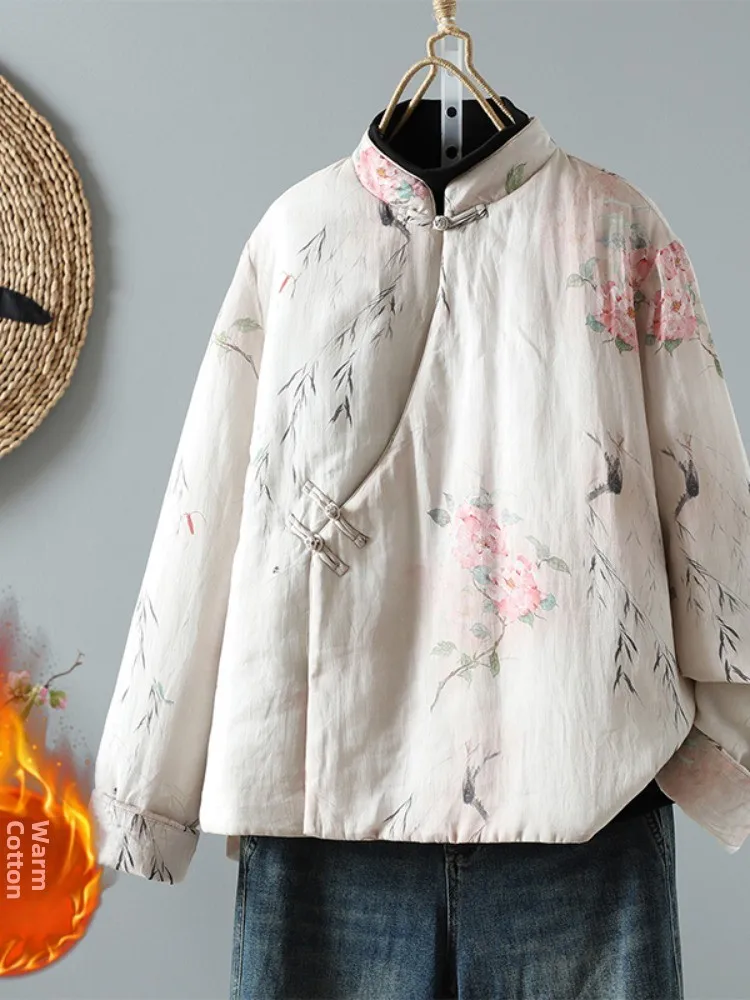 New Chinese Style Women's Cotton Jacket Hand Sewn Buttoned Printed Stand Collar Thickened Retro Summer  Silk Kimono
