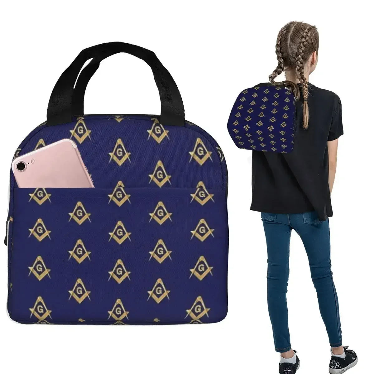 Freemason Pattern Gold Blue Square And Compass Masonic Insulated Lunch Bag for Women Leakproof Food Boxes Thermal Lunch Box Tote