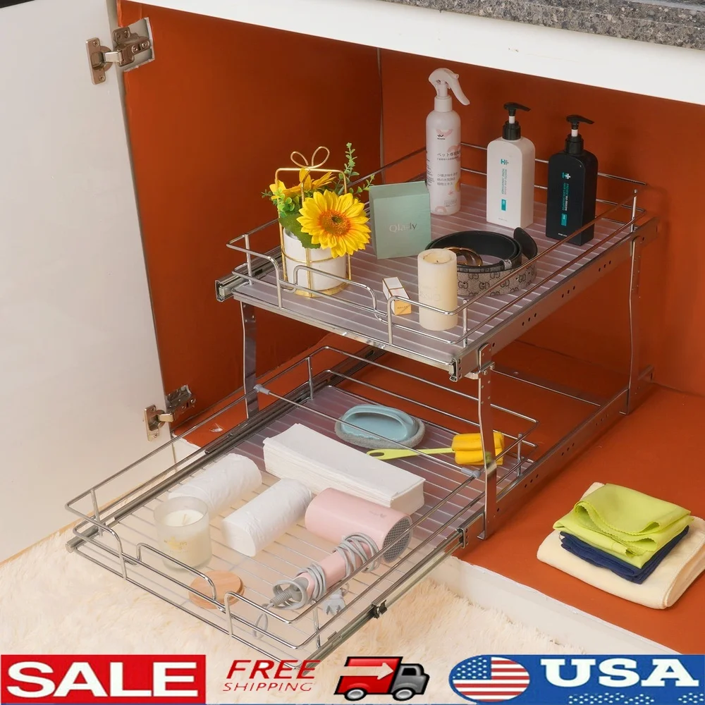 

2 Tier Pull Out Cabinet Organizer Metal Shelf Storage Drawer Easy Installation Kitchen Storage Solution Pots Pans Cleaning