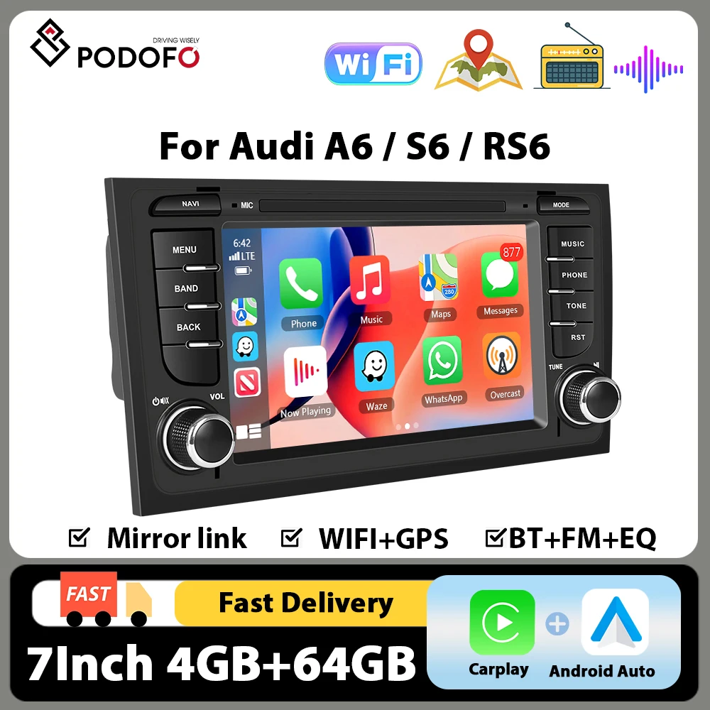 Radio de coche Podofo de 7 pulgadas 4+64G WIFI para AUDI A6 C5 1997-2004 RS6 S6 con CarPlay inalámbrico, Android Auto, GPS, EQ y reproductor multimedia.