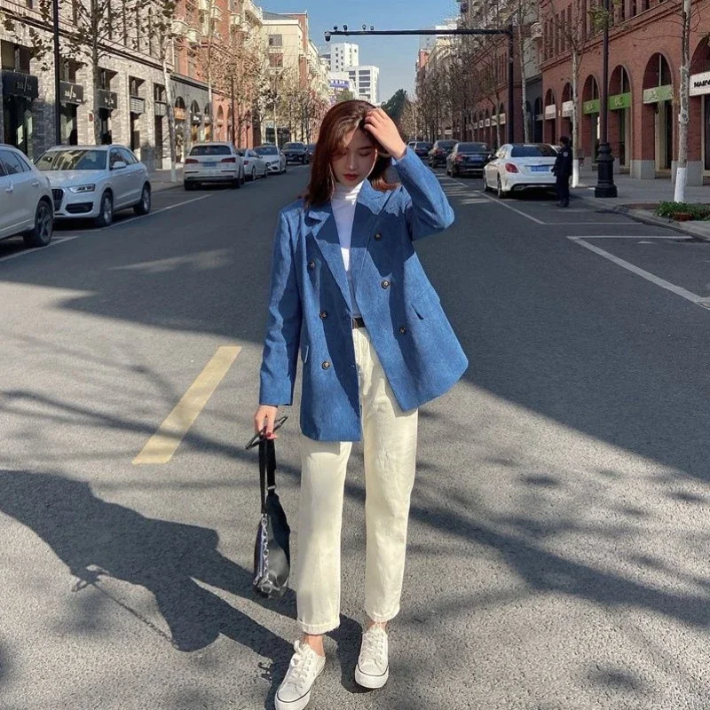 Korean Women's Corduroy Double Breasted Blazer 2025 SA New Arrival Loose Vintage Casual Eye Catching Slimming Trendy Jacket