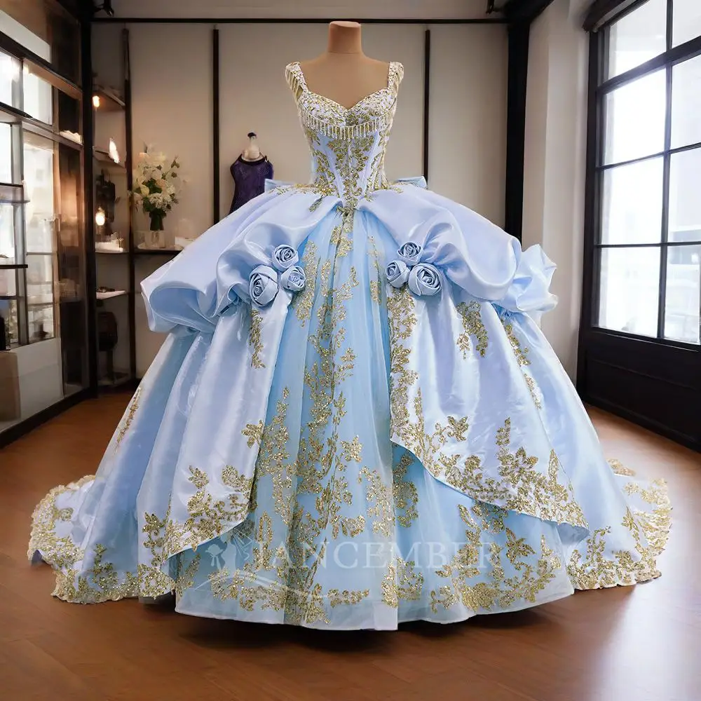 Flash Sale Ball Gown Quinceanera Dress Sparkly Satin Bead Crystals 3D Floral Scoop Vestido De 15 Anos Customized