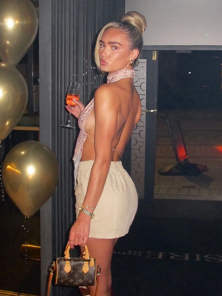 Weird Puss Leopard Print Backless Camisole Women Y2K Sexy Shirring Ruched Halter Sleeveless Elegant Party Summer Trend Slim Vest