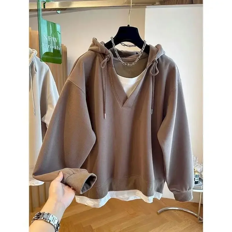 

Korean Style Hoodies Women Fashion Design Fake Two Piece Hoodie Casual Loose Hooded Sweatshirts Spring Autumn Trendy Tops Y2k