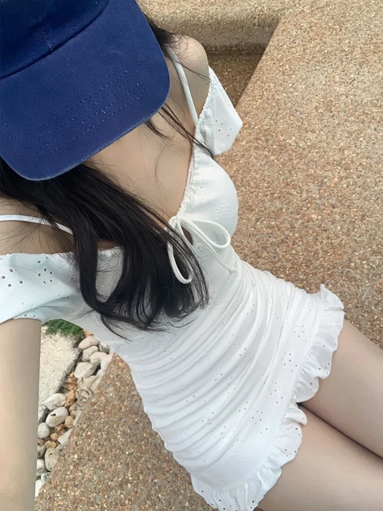 コンサバティブスタイルワンピース水着バブルスリーブ温泉レディースファッショナブルスリミングホワイトショルダーバード水着