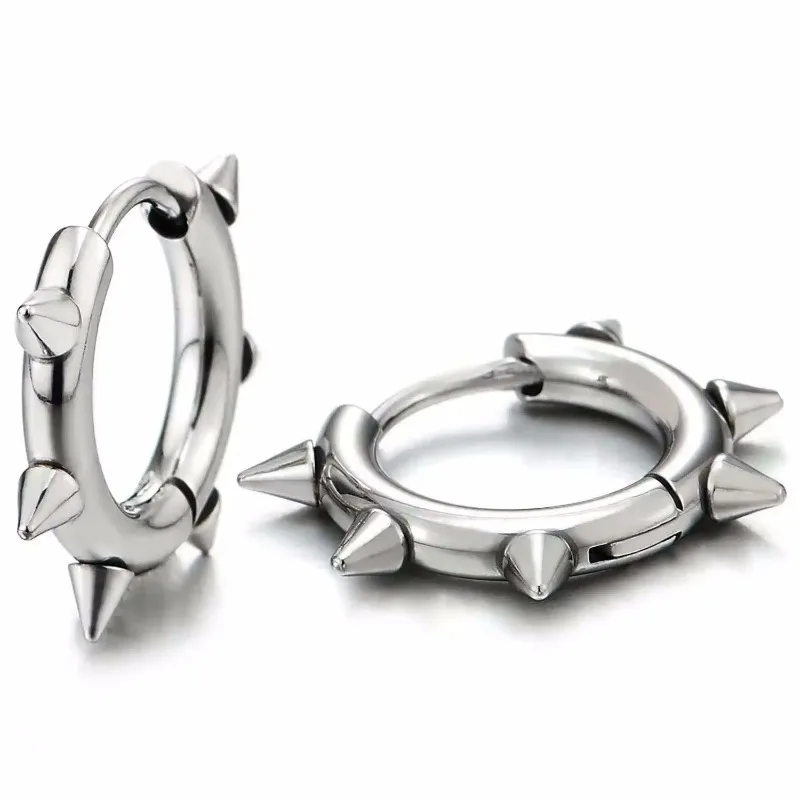 

1 Pair Stainless Steel Spike Circle Huggie Hinged Hoop Earrings Men Women Gothic Rock Hiphop Triangle Cone Hoop Earrings