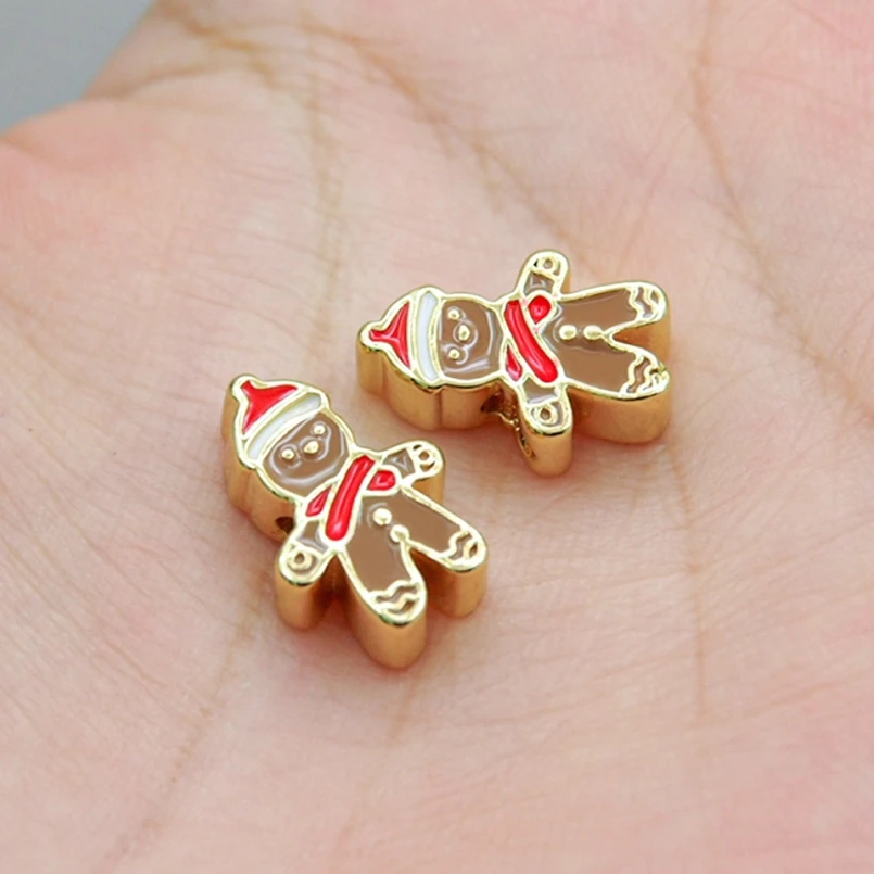 

10Pcs Gingerbread Man Food Gold Color Copper Full Hole Bead Christmas Enamel Approx 10.2x15.1mm Jewelry