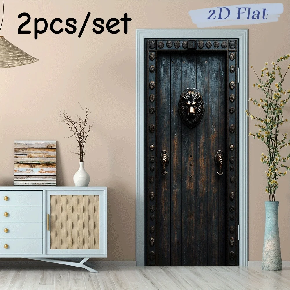 2 Stück Retro Löwenkopf Dekorative Tür- und Wandaufkleber, 3D-Simulation Holztüreffekt-Sticker, für Wohnzimmer Eingänge, Schlafzimmer