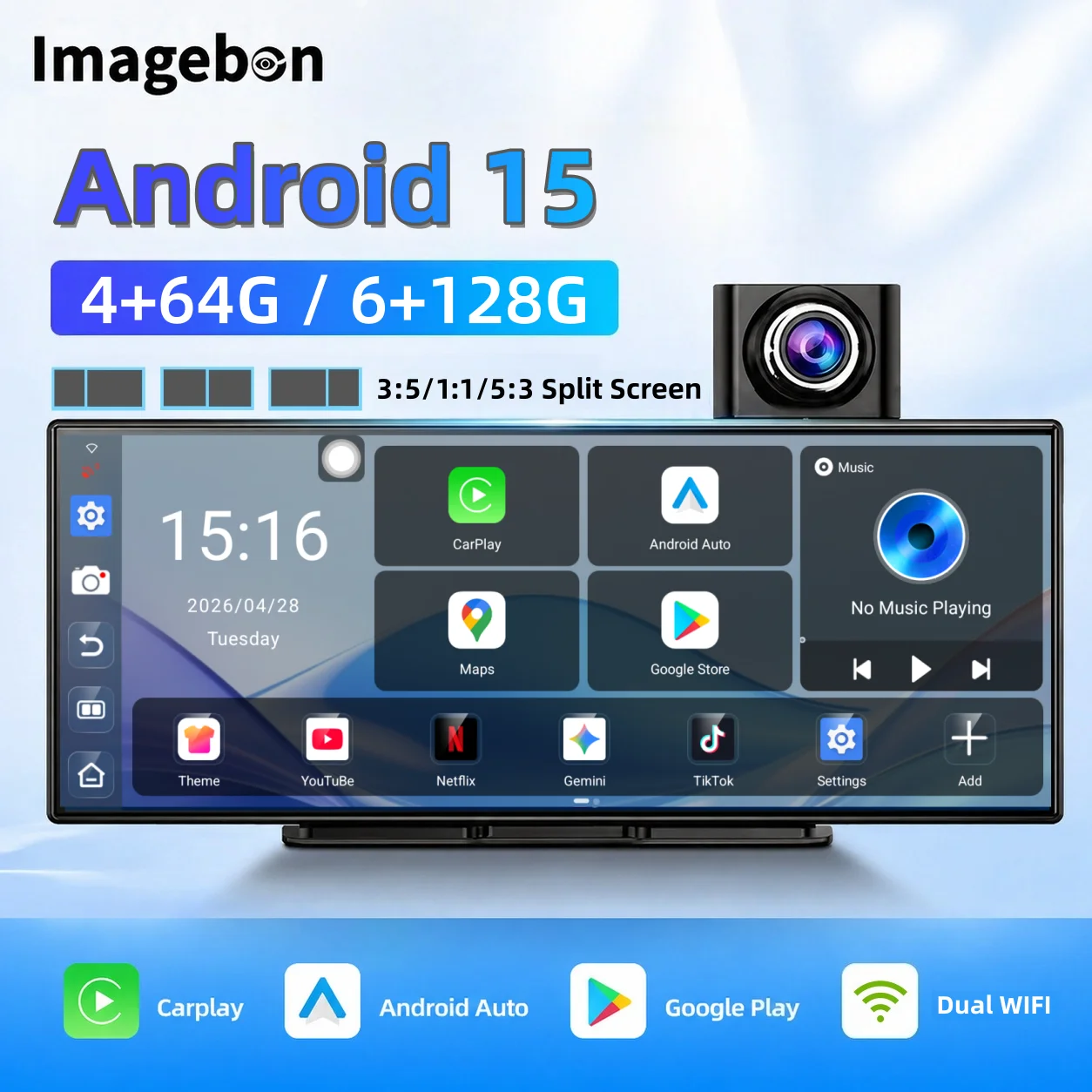 Imagebon 11,4 Zoll Android 15 8-Kern 4G+64G / 6G+128G Dual-WLAN Kamera DVR AI Smart Split-Screen Wireless CarPlay Android Auto Dashcam Rückspiegel-Recorder