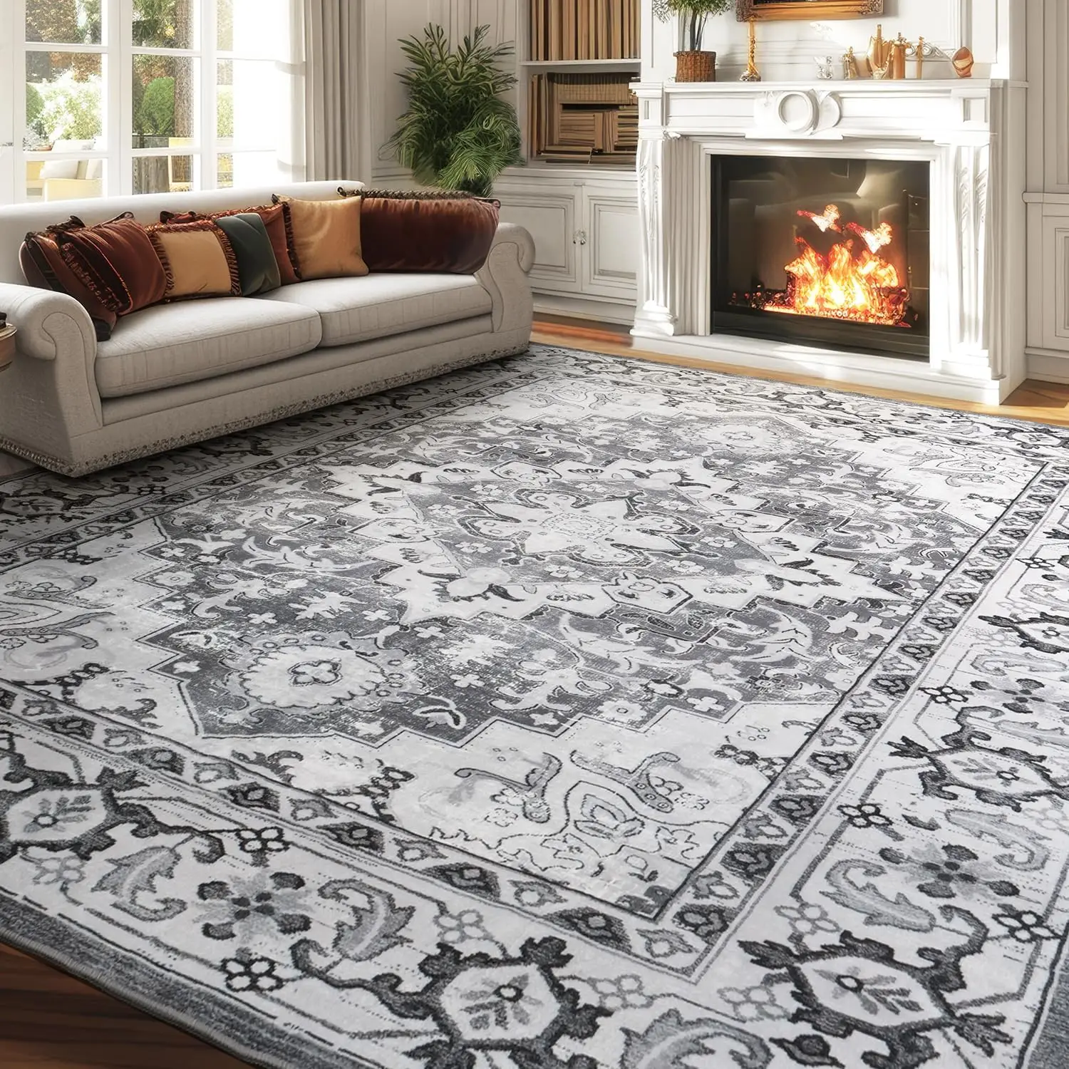 

8x10 Washable Area Rug with Non-Slip Backing, Vintage Floral Design for Living Room and Bedroom, Pet-Friendly Grey White