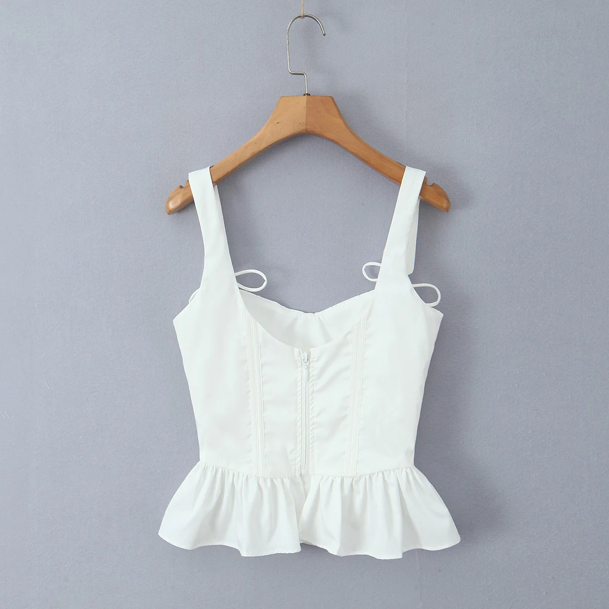 2024 White V Collar Ribbon Bow Strap Sexy Corset Women Summer Tank Tops Pleated Ruffles Hem Crop Top