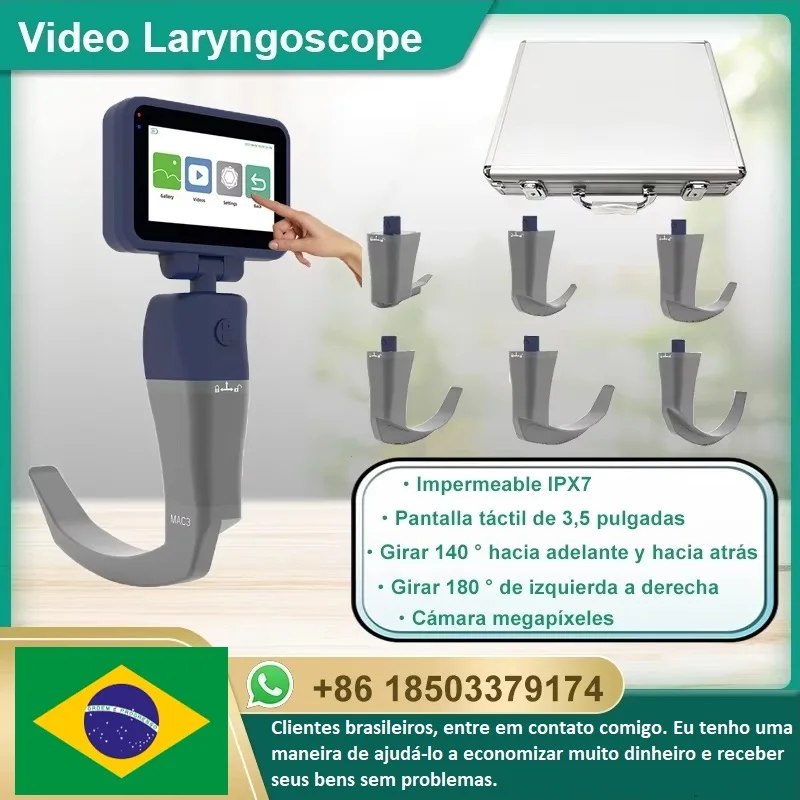 Laringoscópio Digital de Vídeo com Tela Sensível ao Toque HD de 3,5 polegadas para Anestesia, com 6 Tamanhos de Lâminas Reutilizáveis e Esterilizáveis Opcionais