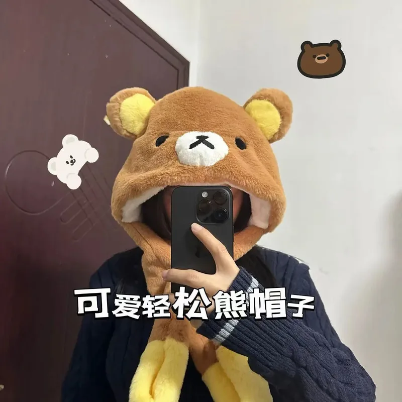Rilakkuma – ensemble écharpe et chapeau en peluche épaisse Double couche, écharpe de cou chaude à capuche avec Protection des oreilles pour cadeau de Cosplay par temps froid