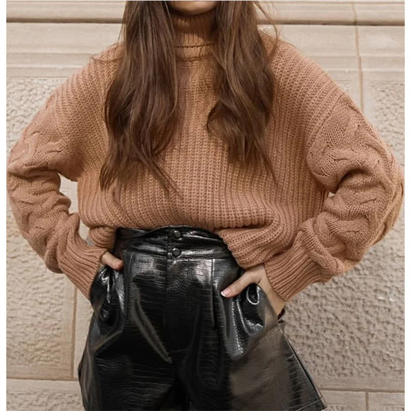 Women Sweater Turtleneck Pullovers, Female Autumn Winter Fashion Sweaters Long Sleeves Cable-Knit Loose Thickened Jumper Tops